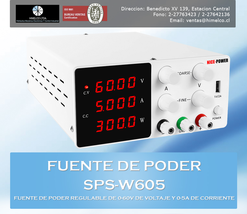 Fuente de poder regulable 0-60V y 0-5A modelo SPS-W605