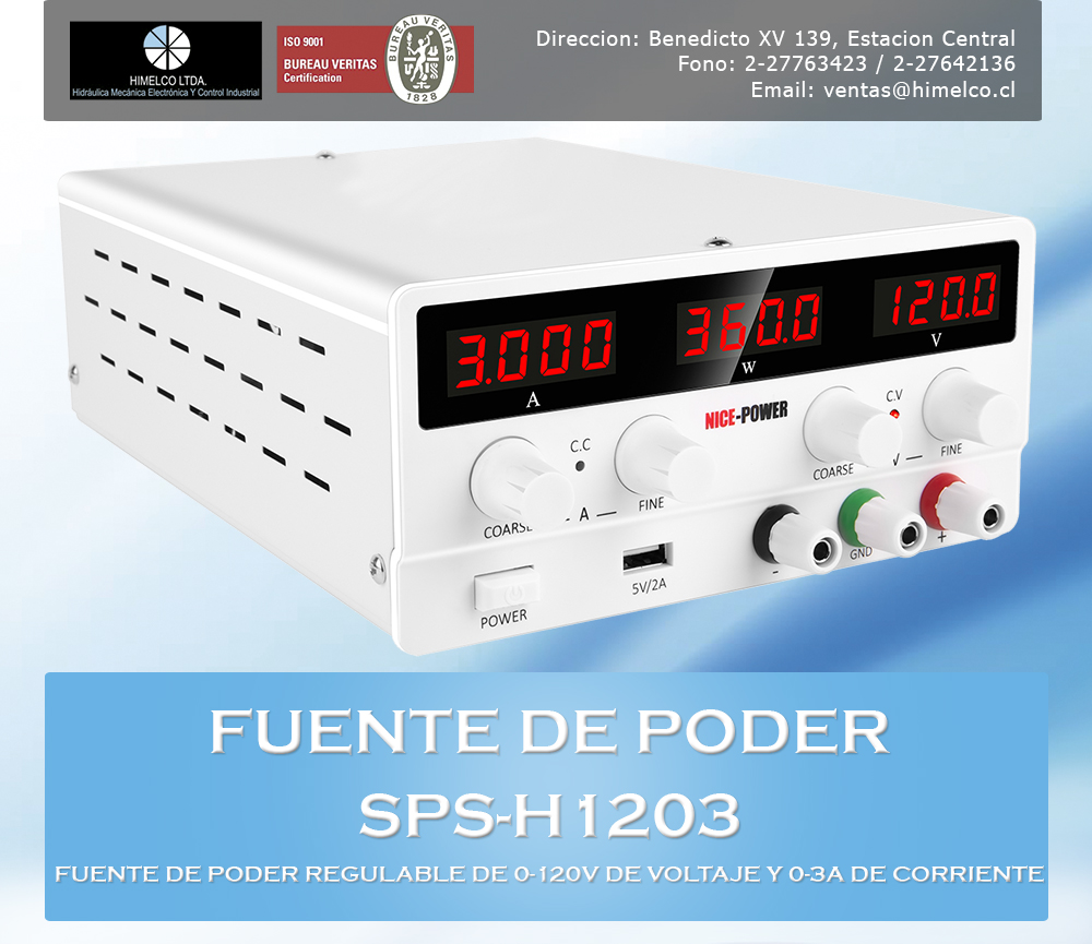 Fuente de poder regulable de 0-120V DC y 0-3A modelo SPS-H1203